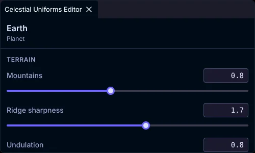 The uniforms editor showing Earth’s terrain sliders