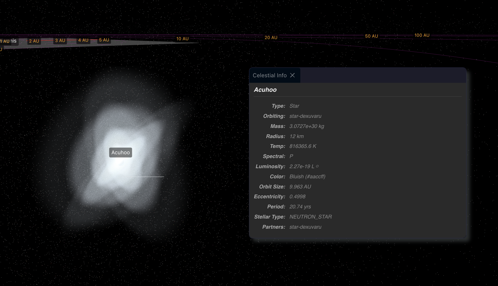 A screenshot of a neutron star in Teskooano