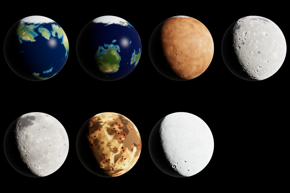 Seven baked planets and moons side by side
