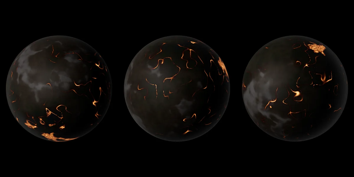 Three lava worlds with glowing fissures