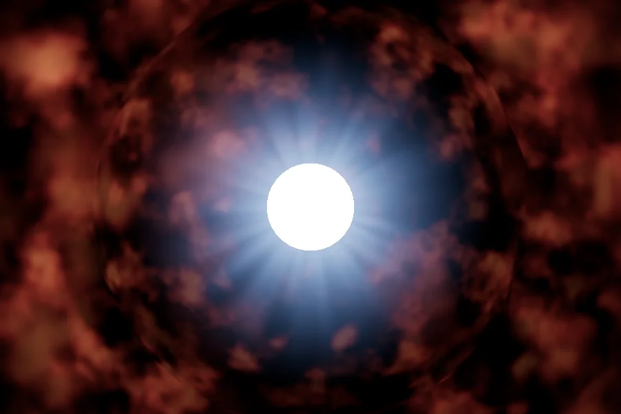 A Wolf-Rayet star inside a clumpy red shell of ejected gas