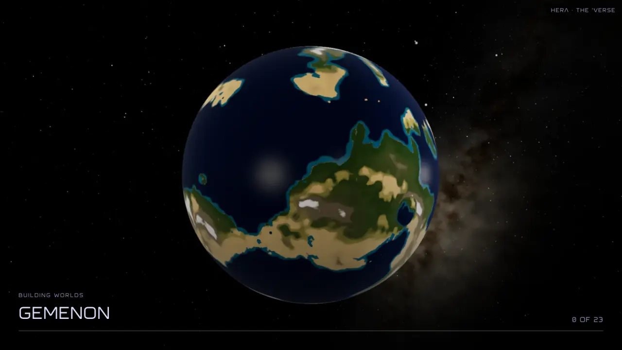 The full-screen loading screen showing Gemenon being built