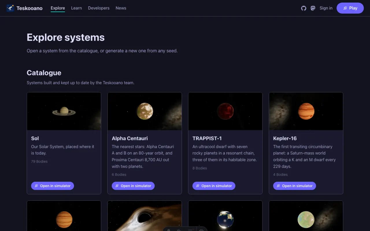 The Explore page on teskooano.space, with cards for Sol, Alpha Centauri, TRAPPIST-1 and Kepler-16