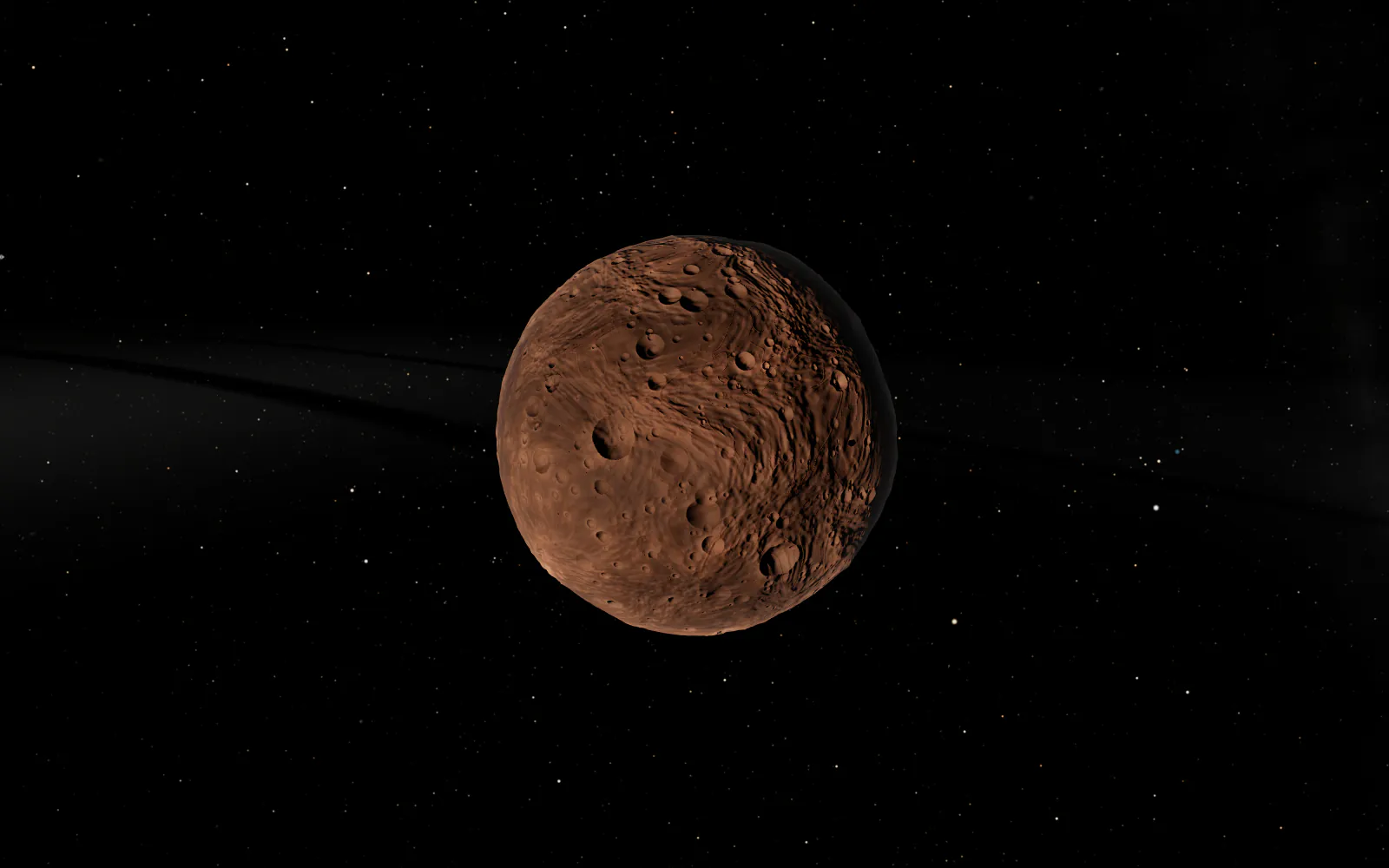 Ceres, cratered and brown, with the faint band of the Main Belt behind it
