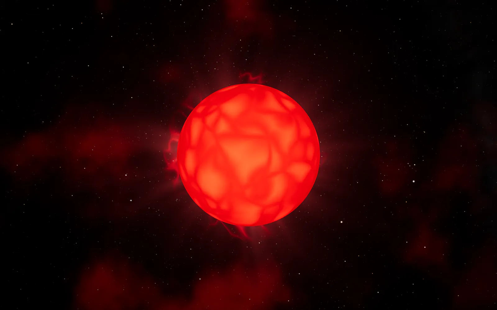 La Superba, a huge red carbon star with a churning surface, in a red haze
