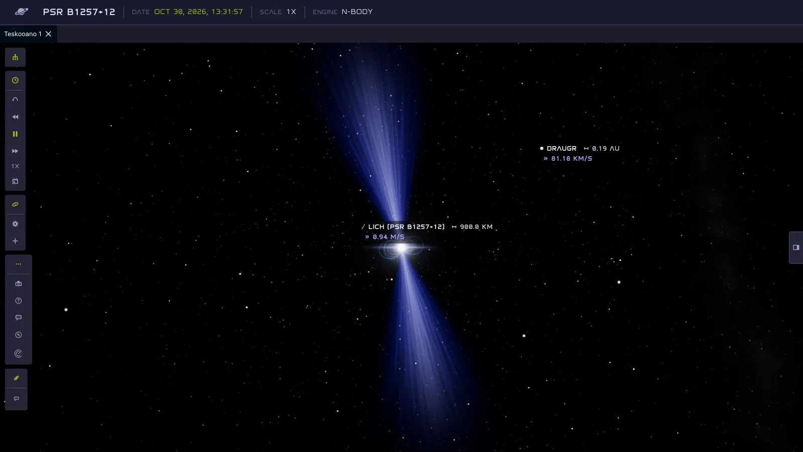 The pulsar Lich sweeping two blue beams from its magnetic poles